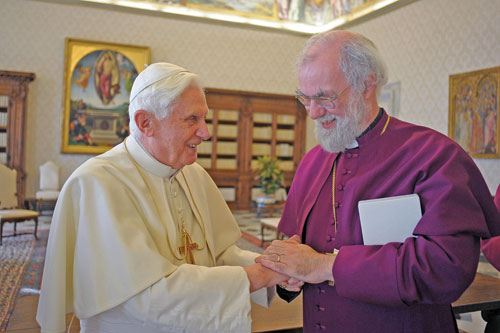 Pope Benedict XVI greets the Archbishop of Canterbury Rowan Williams.