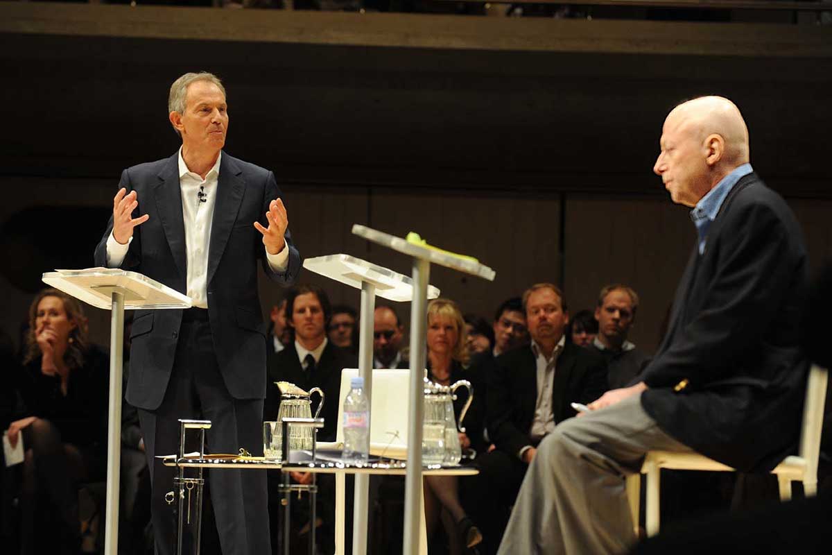 Former British prime minister Tony Blair (left) and US journalist Christopher Hitchens at the Munk Debate on Religion last November. Photo: Tom Sandler