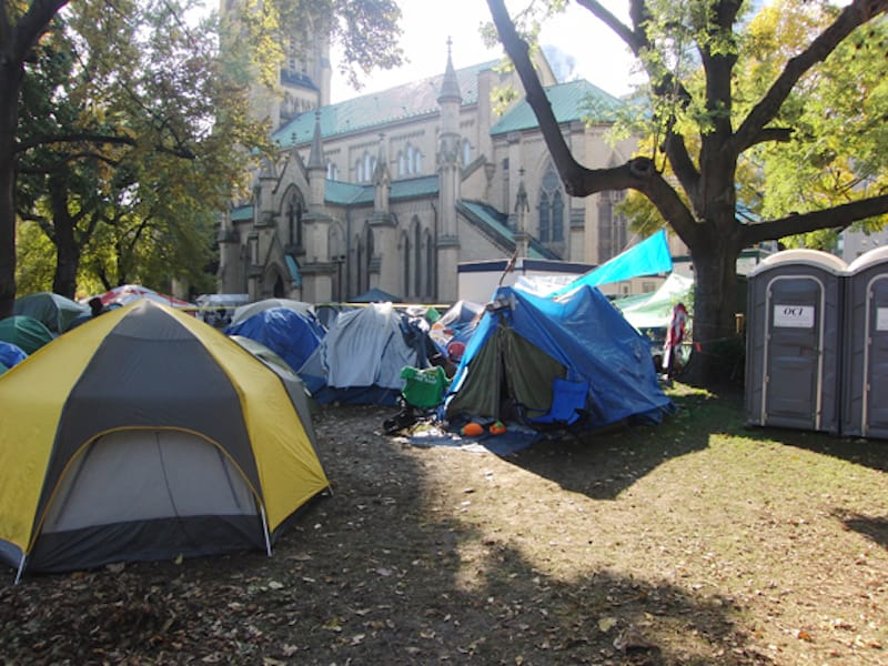 Toronto protesters pitch tents outside Cathedral Church of St. James as part of worldwide response to economic disparity. Photo: Peter Sinclair Snap 3D