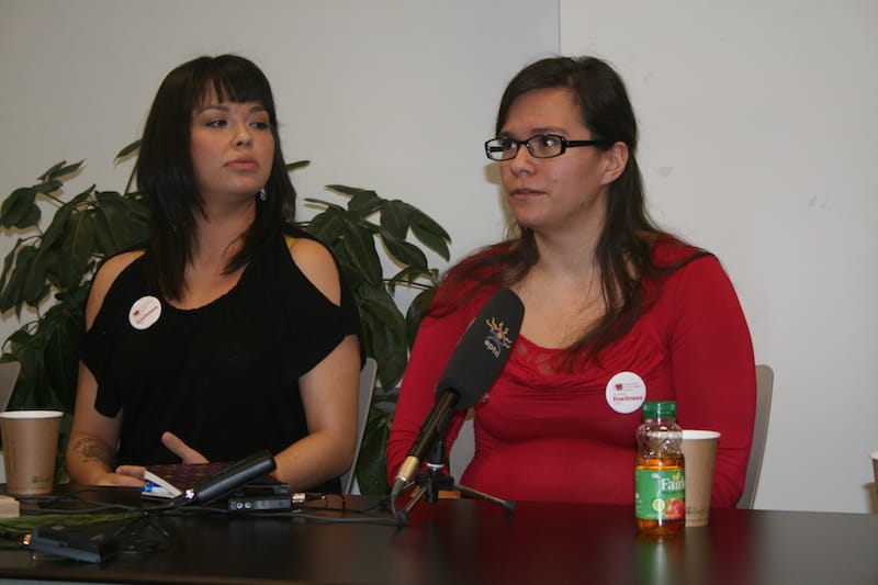 Helen Knott of Prophet River First Nations in B.C. and Madelynn Slade of the Michel Cree in Alberta address a press conference in Toronto. Photo: Courtesy of KAIROS