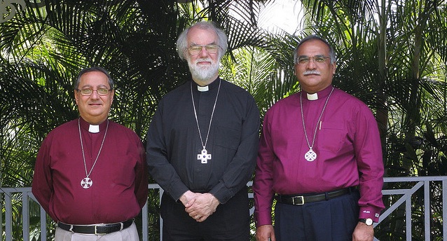 Bishop Mouneer Hanna Anis of the diocese of Egypt (left), who led the launch of the online magazine, seen here with Rowan Williams, Archbishop of Canterbury, and Azad Marshall, Bishop in Iran. Photo: ACC 14 Kingston Jamaica