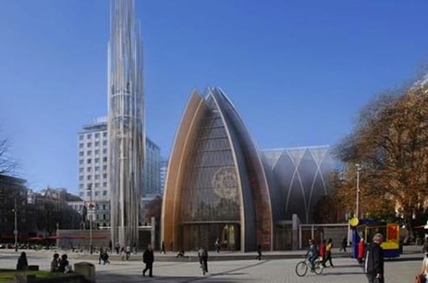 An artist’s rendering of a contemporary design for a new cathedral in Christchurch, New Zealand, which received the most support of three options at a recent synod. Photos: Courtesy of ENS/Anglican Taonga.