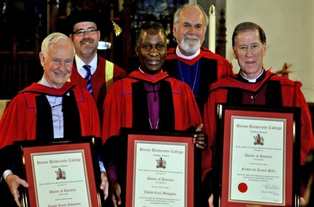 (L to R) Governor General David Johnston, Archbishop Thabo Makgabo and Archbishop Fred Hiltz pose with their honorary degrees with Dr. Stephen McClatchie, principal of Huron University College, and Bob Bennett, bishop of the diocese of Huron. Photo: Courtesy of Huron University College
