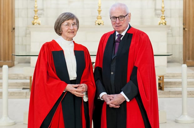 The Rev. Canon Mary Alice Bielesch Medcof and Canon Robert L. Falby, QC, received honorary doctors of divinity at the 2013 convocation of the Faculty of Divinity at Trinity College, University of Toronto. Photo: Sasha Niveole