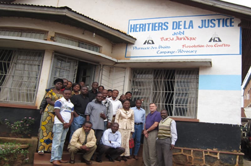Delegates will be the guests of Héritiers de la Justice, whose staff is shown here with KAIROS's Jim Davis outside its headquarters in the eastern DRC city of Bukavu. Photo: KAIROS
