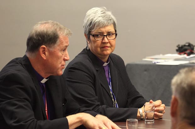 Archbishop Fred Hiltz, primate of the Anglican Church of Canada, and Evangelical Lutheran Church in Canada National Bishop Susan Johnson, at a Joint Assembly press conference. Photo: Art Babych