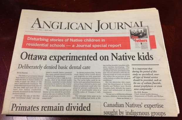 The May 2000 issue of the Anglican Journal, which published a special report on what happened to native children in residential schools. It included an account of how Ottawa experimented with their diets. Photo: Marites N. Sison