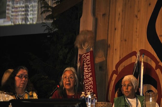 Jillian Harris (middle) shares her Indian residential schools experience before the Truth and Reconciliation Commission at the BC National Event. To her right is The Rev. Lily Bell, an Anglican priest. Photo: Marites N. Sison