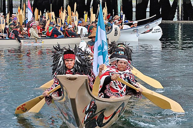 Paddlers from Masqueam First Nations took part in the All Nations Canoe Gathering that kicked off Reconciliation Week in Vancouver. Photo by: Marites N. Sison