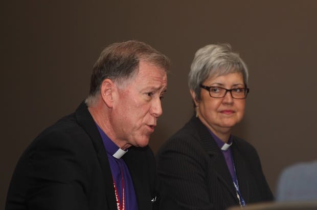 Archbishop Fred Hiltz, primate of the Anglican Church of Canada, and National Bishop Susan Johnson of the Evangelical Lutheran Church in Canada, at the Joint Assembly in Ottawa during the summer. Photo: Art Babych