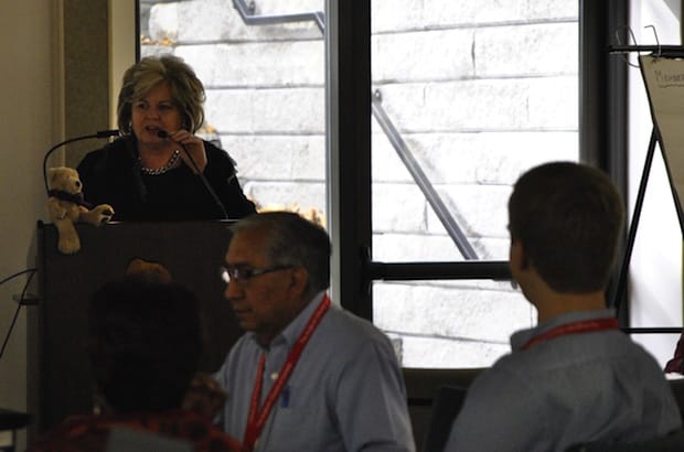 The Rev. Canon Judy Rois briefs Council of General Synod members about the new initiatives of the Anglican Foundation of Canada, where she sits as executive director. Photo: Marites N. Sison