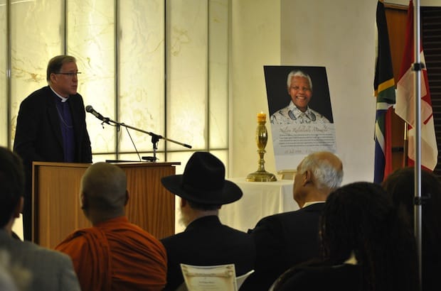 Nelson Mandela was South Africa’s “greatest son who became their father, their beloved Madiba,” says Archbishop Fred Hiltz, who spoke at a multi-faith community tribute to Mandela. Photo: Marites N. Sison
