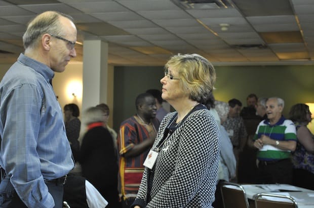 Diocese of Rupert’s Land Bishop Don Phillips and Archdeacon Anne Germond, diocese of Algoma, participate in “missional speed dating,” a way of introducing participants to each other at the National Consultation on Congregational Vitality. Photo: Marites N. Sison