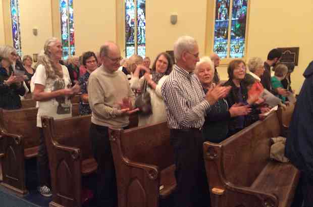 Congregation offers a rousing rendition of When The Saints Go Marching In at the Peterborough Covenant service Sept. 21. Photo: Murray MacAdam