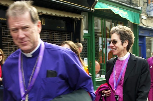 Archbishop Fred Hiltz, primate of the Anglican Church of Canada, and Katharine Jefferts Schori, presiding bishop of The Episcopal Church, walk among other bishops on their way to Lambeth Palace at the start of the 2008 Lambeth Conference. Photo: Marites N. Sison
