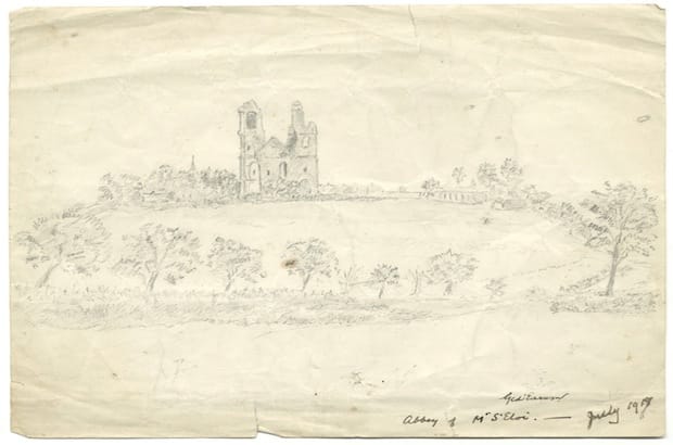 Anglican Chaplain Geoffrey Cyril d’Easum’s sketch of a ruined Abbe of Mont St-Eloi near Arras in the north of France in 1919 was part of the special World War I art exhibit at the Canadian War Museum. Photo: Abbey of Mt St Eloi CWM 19990069-001 Beaverbrook Collection of War Art © Canadian War Museum