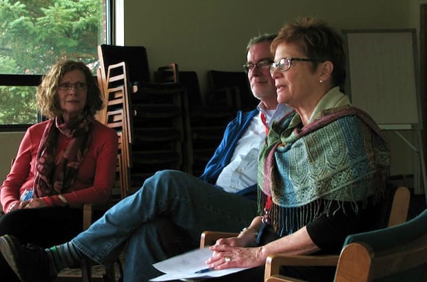 (L to R): Vice chancellor Ann Bourke, General Secretary Michael Thompson and global relations director Andrea Mann assess General Synod's new structures during a group discussion. Photo: André Forget