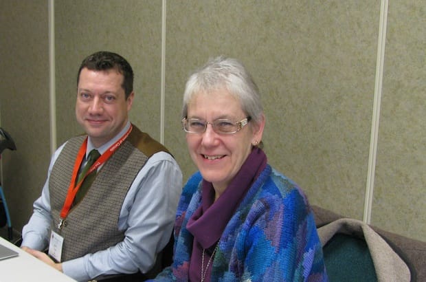 Commission clerk Bruce Myers and member Bishop Linda Nicholls at the Council of General Synod meeting in Mississauga on Nov. 15. Photo: Leigh Anne Williams