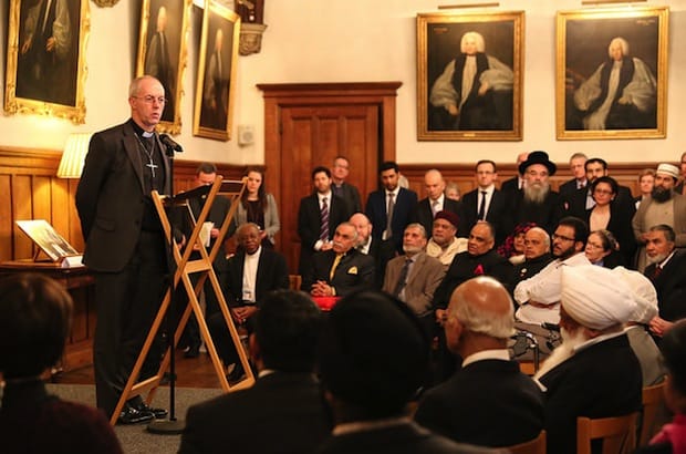 Archbishop of Canterbury Justin Welby addresses members of various faith groups at the annual inter-faith reception at Lambeth Palace. Photo: Chris Cox/Lambeth Palace