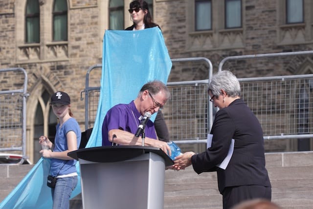 Archbishop Fred Hiltz and National Bishop Susan Johnson of the ELCIC lead an event on water issues on Parliament Hill as part of the 2013 Joint Assembly. Photo: Art Babych