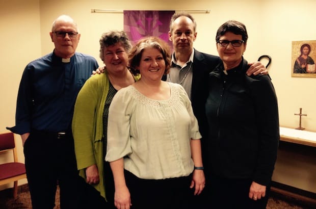 Anglicans in the diocese of New Westminster who are part of the Metro Vancouver Alliance ( L to R): The Rev. Andrew Wilhelm-Boyles, St Catherine's North Vancouver; Jayne Fenrich, St Thomas Vancouver; Geri Grigg, eco-justice unit working group on the living wage; Paul Clark, St Catherine's N. Vancouver and The Rev. Margaret Marquardt, Chair, diocesan Eco-Justice Unit. Photo: Contributed