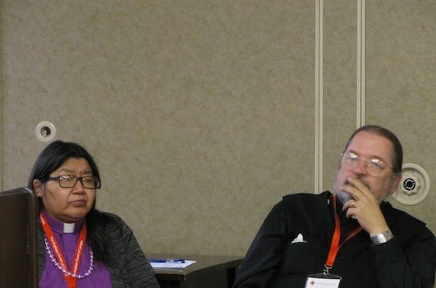 Bishop Lydia Mamakwa of the Spiritual Ministry of Mishamikoweesh and National Indigenous Bishop Mark MacDonald at Council of General Synod in 2014. Photo: André Forget