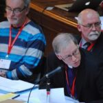 Archbishop Fred Hiltz with (left) Archdeacon Michael Thompson, general secretary, and Archdeacon Harry Huskins, General Synod prolocutor, during the special session of CoGS. Photo: André Forget
