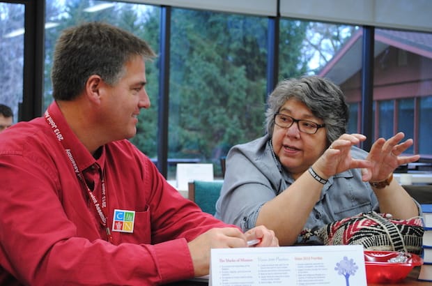 Saskatchewan Bishop Michael Hawkins, chair of the Council of the North, and Canon Virginia Doctor, indigenous ministries co-ordinator of the Anglican Church of Canada, at the fall meeting of CoGS. Photo: André Forget