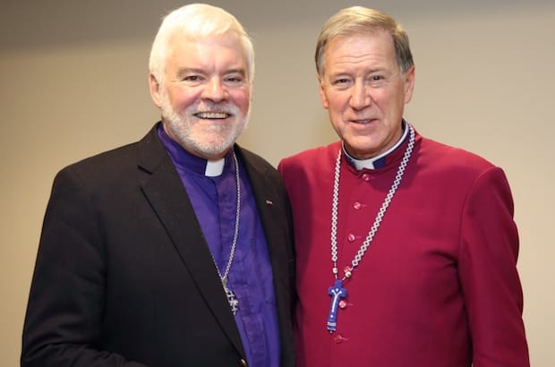 Retiring Bishop Ordinary to the Canadian Armed Forces Peter Coffin and Archbishop Fred Hiltz, primate of the Anglican Church of Canada. Photo: Art Babych