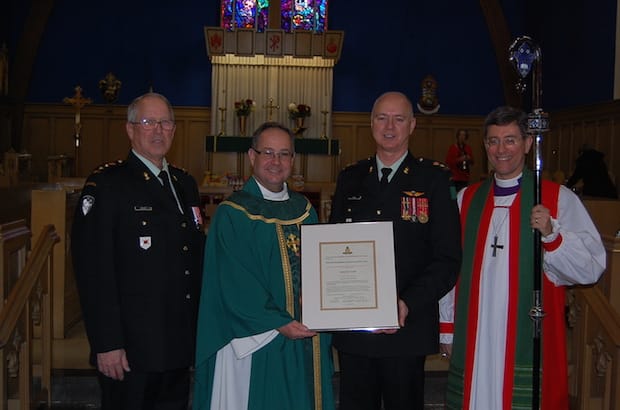 (L to R): Honorary Lt. Col. Clyde Healey, Honorary Padre Dean James McShane, Lt. Col. Lance Knox and diocese of Algoma Bishop Stephen Andrews. Photo: Contributed