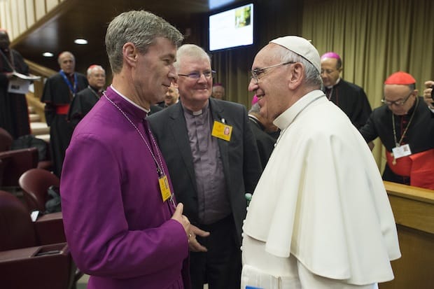 Bishop Tim Thornton of the Church of England's diocese of Truro meets Pope Francis at the Vatican Synod on the Family in October 2015. Photo: L'Osservatore Romano