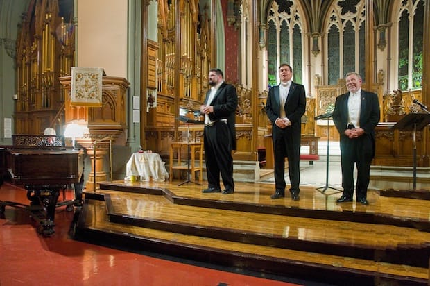 (L-R) Angus Sinclair, bishop-elect William Cliff, Archdeacon David Pickett and Dean Peter Wall getting warmed up to sing at St. George's Anglican Church, Montreal, Que. Photo: Contributed