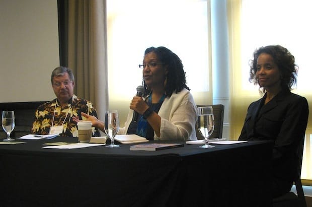 Lisa Sharon Harper (C) talks about race and religion in America with Leah Gunning Francis (R) and the Rev. Jerry van Marter (L). Photo: André Forget