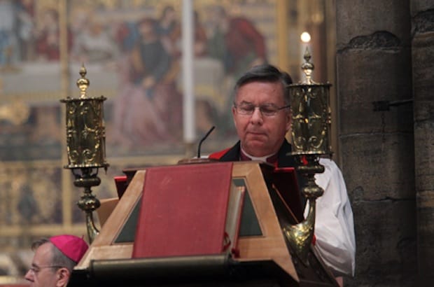 The Anglican Communion’s spymaster general? Archbishop David Moxon, director of the Anglican Centre in Rome, reads a lesson during a special service of choral evensong at Westminster Abbey, marking the centre’s 50th anniversary. Photo: The Dean and Chapter of Westminster Abbey