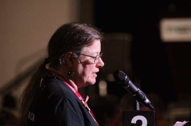 Michelle Bull introduces Resolution C003 to amend the marriage canon. Photo: Art Babych