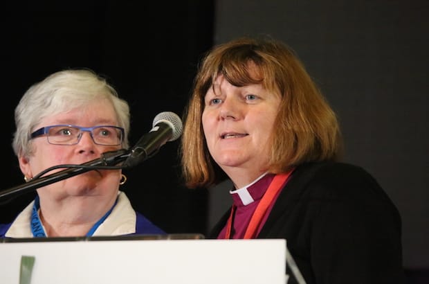 Suzanne Lawson and Edmonton Bishop Jane Alexander share their experiences at the April 2016 meeting of the Anglican Consultative Council in Lusaka, Zambia. Photo: Art Babych