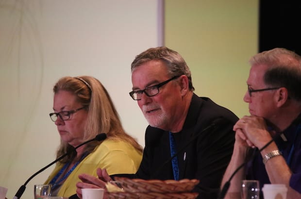 Archdeacon Michael Thompson, general secretary (middle), apologizes to General Synod "for the confusion" caused by the voting error?. Photo: Art Babych