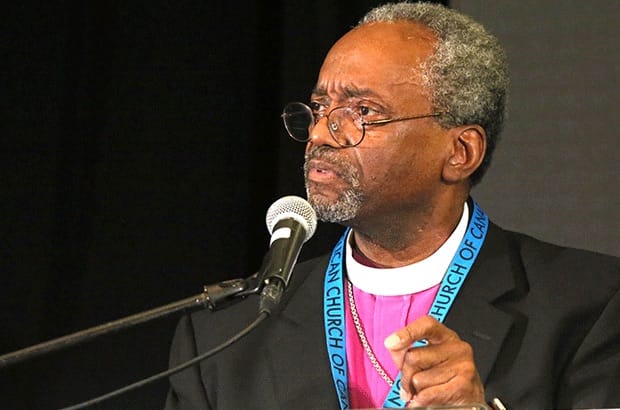 "We in the United States are struggling now, with how we can learn and grow to become a country and a culture where human life is sacred," says U.S. Presiding Bishop Michael Curry in his address before members of the Anglican Church of Canada's General Synod. Photo: Art Babych