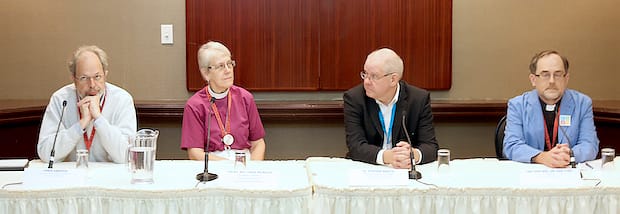 (L to R) Chris Ambidge, Bishop Linda Nicholls, Stephen Martin and Dean Iain Luke discuss the proposed change to the marriage canon during a media briefing July 8. Photo: Art Babych