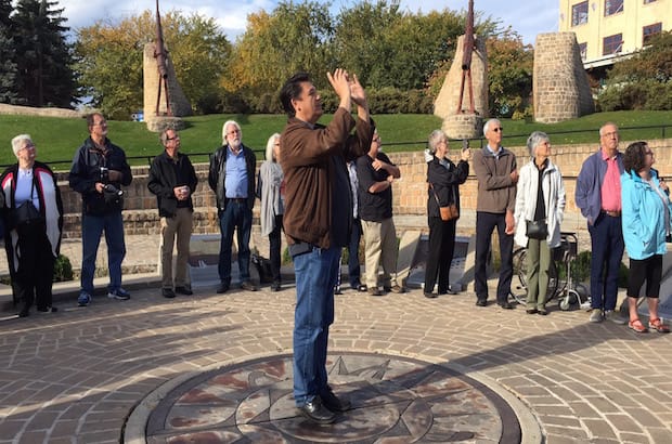 The Rev. Vincent Solomon, urban Indigenous ministry developer for the diocese of Rupert's Land, gives members of the House of Bishops and their spouses a tour of the Oodena Celebration Circle at the Forks, in Winnipeg. Photo: Bishop Mary Irwin-Gibson