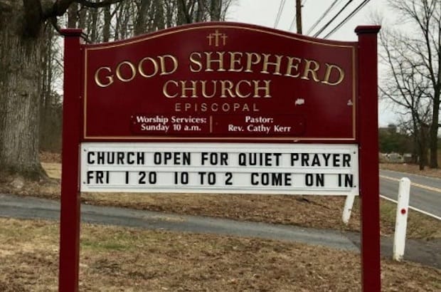 The sign outside Good Shepherd Episcopal Church in Hilltown, Pennsylvania, invites people to stop in for prayer on Inauguration Day. Photo: Good Shepherd Episcopal Church via Facebook