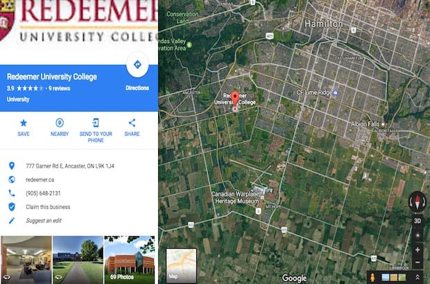 The anniversary celebration will be held at Redeemer University College in Ancaster, just outside Hamilton, Ont. Photo: Screen capture/googlemaps.com