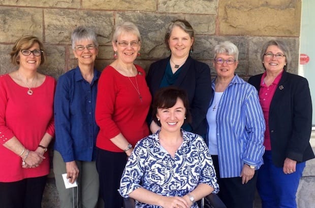 Women bishops at the spring meeting of the House ofBishops (L to R): Anne Germond, Melissa Skelton, Linda Nicholls, Riscylla Walsh Shaw,Barbara Andrews, Mary Irwin-Gibson and (seated) Jenny Andison. Newly-elected bishops Germond, Shaw and Andison attended the meeting for the first time. Other women bishops not in the photoare Bishops Jane Alexander and Lydia Mamakwa. Photo: Courtesy of Bishop Melissa Skelton