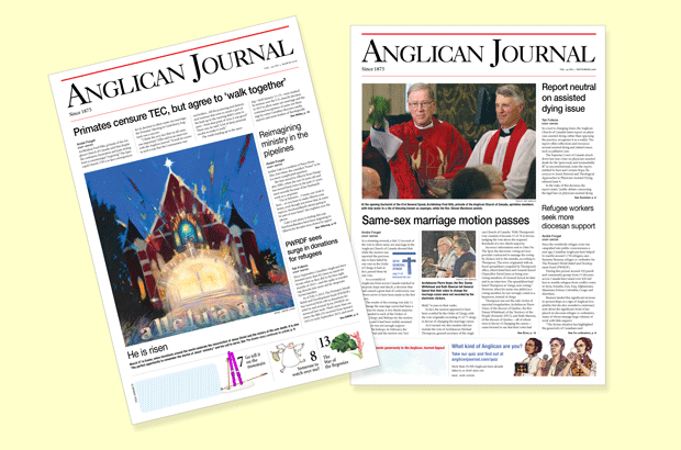 The Anglican Journal won first place for its in–depth coverage of the marriage canon motion at General Synod 2016 (right) and for the design of an entire issue (left). Image: Saskia Rowley