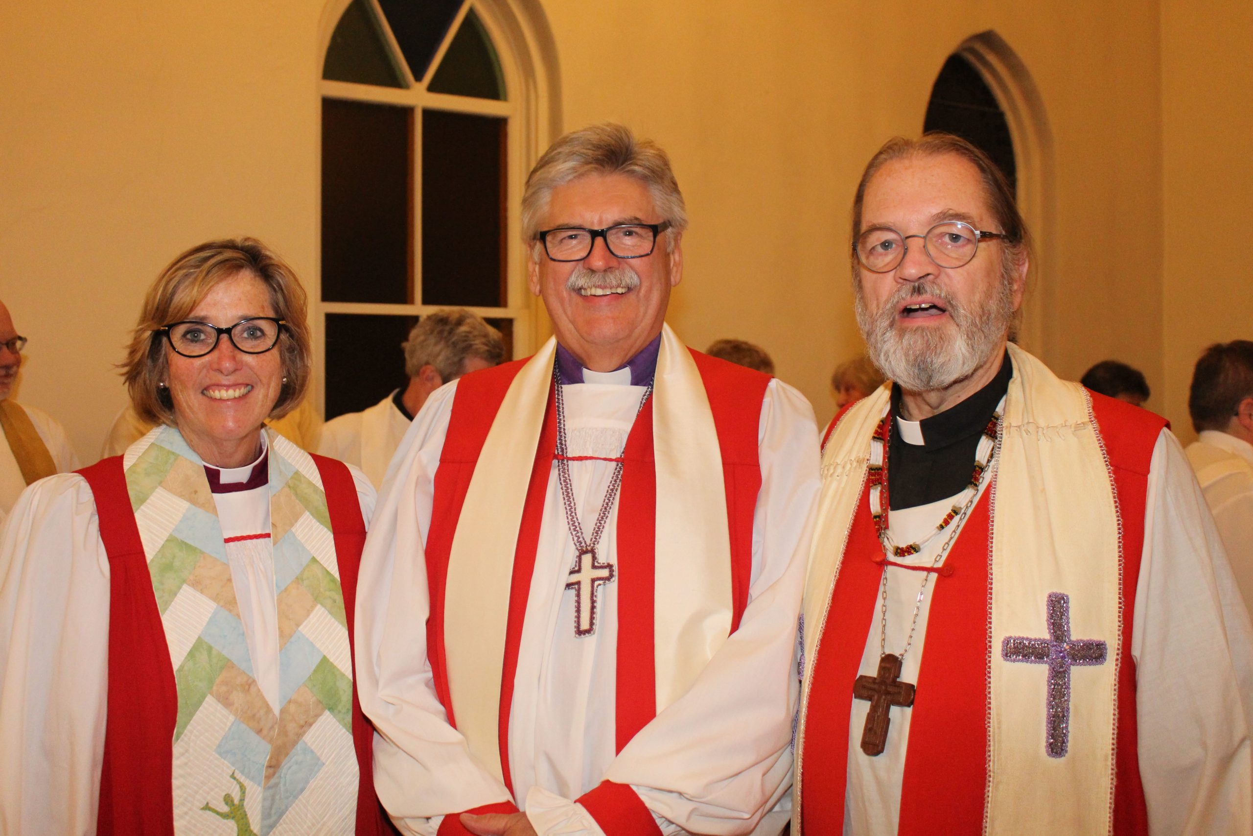 Tom Corston (centre) pictured with Archbishops Anne Germond (left) and Mark MacDonald (right)