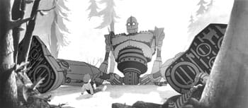 The Iron Giant (voiced by Vin Diesel) and Hogarth (voiced by Eli Marienthal) in Warner Brothers' new animated adventure, The Iron Giant.