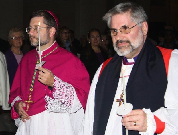 (L to R): Roman Catholic Auxiliary Bishop Thomas Dowd and diocese of Montreal Anglican Bishop Barry Clarke at a worship service at St. Joseph's Oratory. Photo: Harvey Shepherd