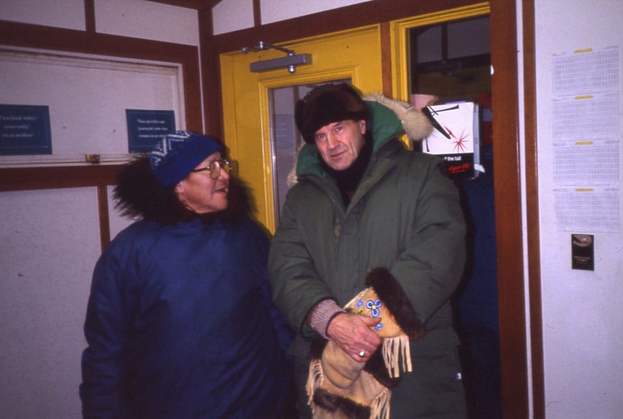 Bishop Sperry with catechist and longtime friend Morris Nigiyok at Holman airport, N.W.T. Photo: contributed