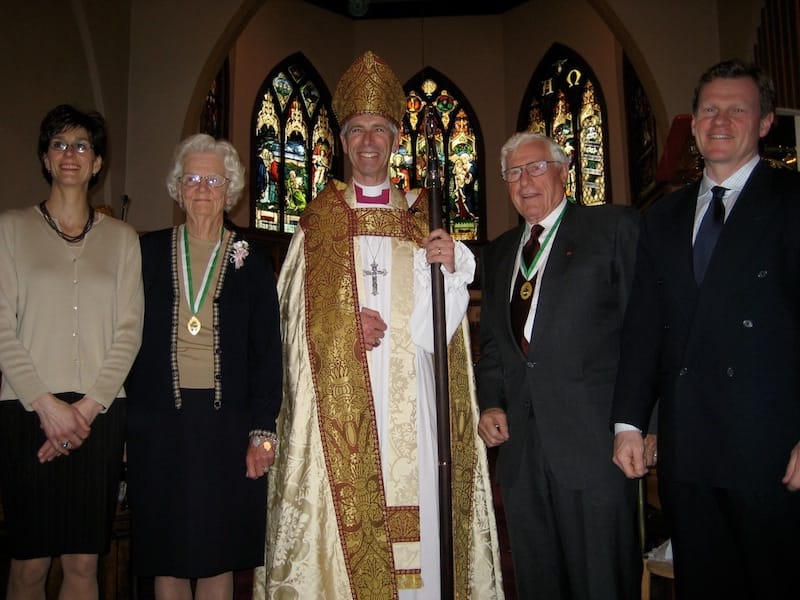 Clyne Harradence, second from right, at St. Alban’s Cathedral, when he and his wife, Helen, second from left, received the Order of Saskatchewan. Also in the photo (l to r): Lisa Harradence (daughter-in-law); Bishop Anthony Burton, and David Harradence (son).