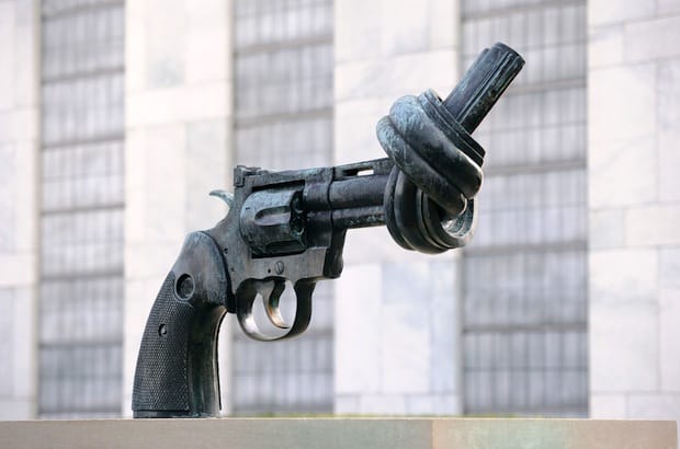 "Non-Violence", also known as The Knotted Gun. The sculpture, by Karl Fredrik Reutersward, sits permanently outside the UN Headquarters in New York. Photo: Songquan Deng